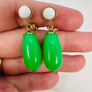 Vintage 1975 Avon Green and White Clip-On Earrings Signed Dangle Come Summer